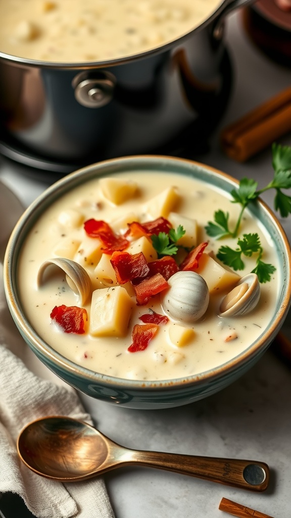 A cozy bowl of creamy clam chowder with clams, bacon, and potatoes, garnished with parsley, in a warm kitchen setting.